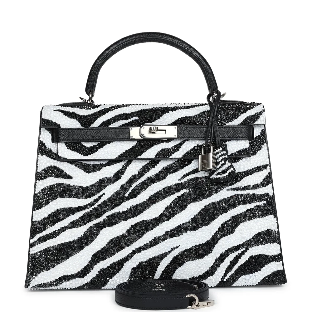 Custom Zebra Swarovski Hermès Kelly 32 Black – High-End Inspired - Designer Inspired Luxury Bag