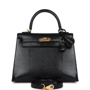 Hermès Kelly 25 Black Lizard Gold - Artisan-Grade Dupes
