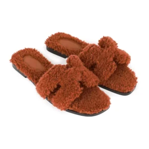 High-End Hermès Inspired Oran Sandals Cognac Woolskin | Shop Now