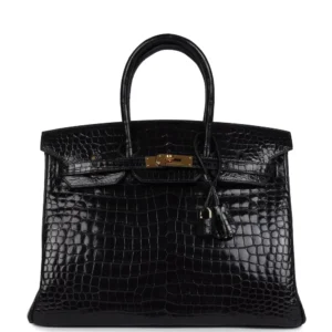 Vintage Hermès Birkin 35 Black Shiny Porosus Crocodile - High-End Inspired